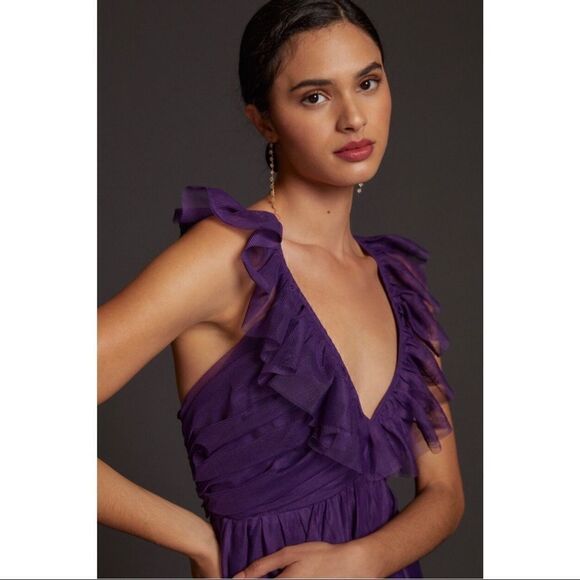 NEW Anthropologie Maeve Purple Jewel Tone Ruffled Tulle V-Neck Mini Dress Medium - Picture 4 of 4